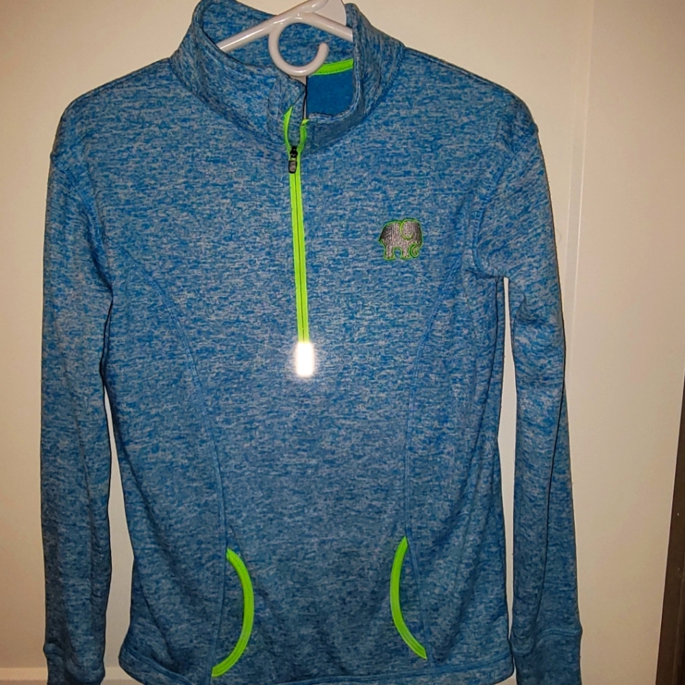 IIvory Ella Bright Blue, Green Trim Quarter Zip Fleece Pullover Size Medium